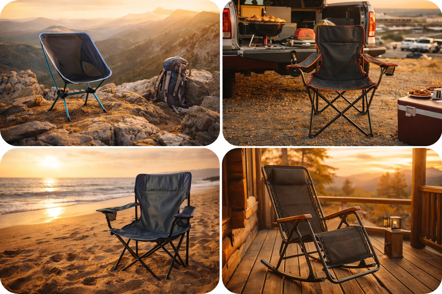Four camping chairs in four different outdoor settings arranged in a grid showing backpacking chair on mountain summit heavy-duty chair at tailgate party beach chair on sandy shore and rocking chair on cabin porch at sunset