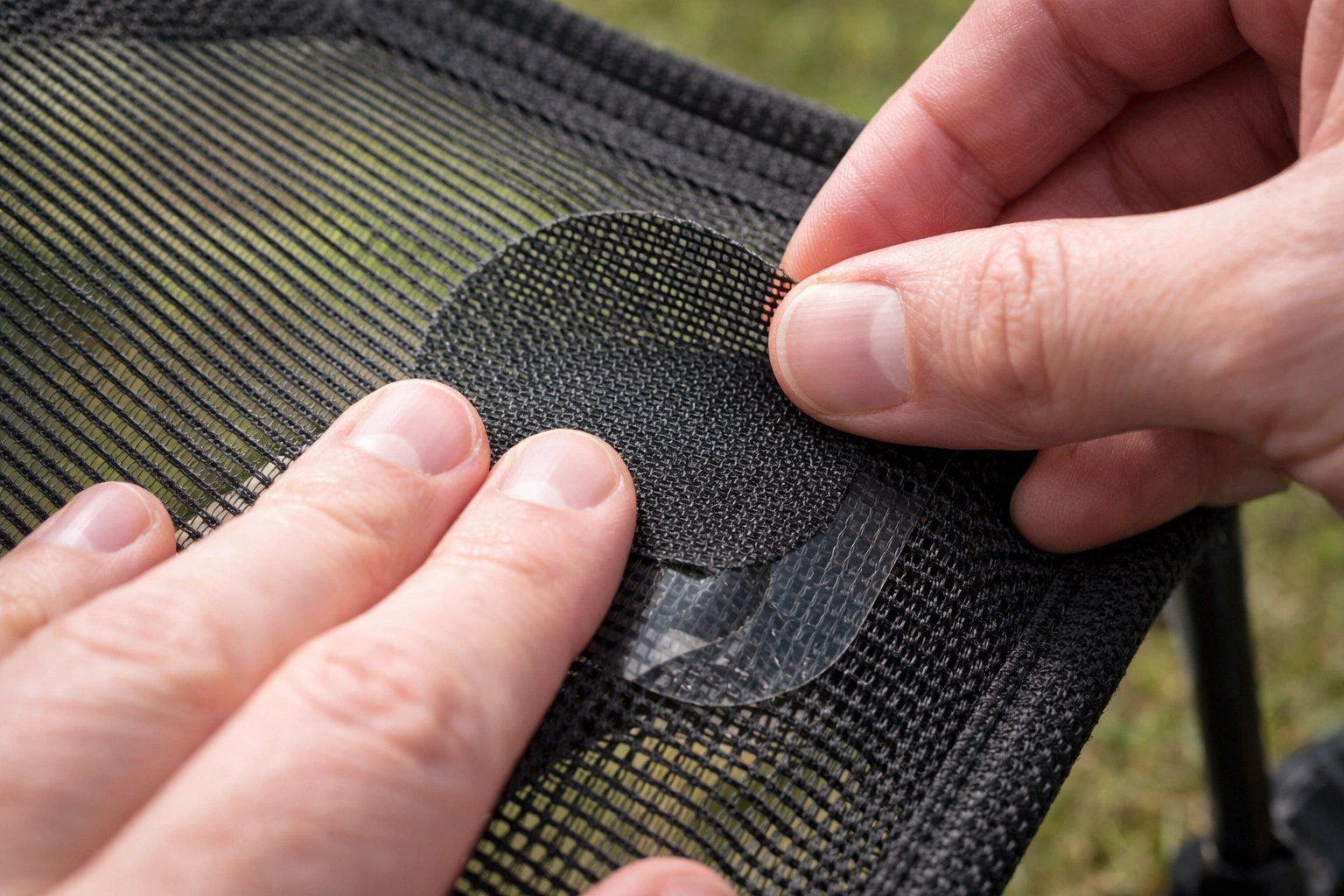 Close-up of hands applying self-adhesive mesh repair patch onto torn camping chair seat