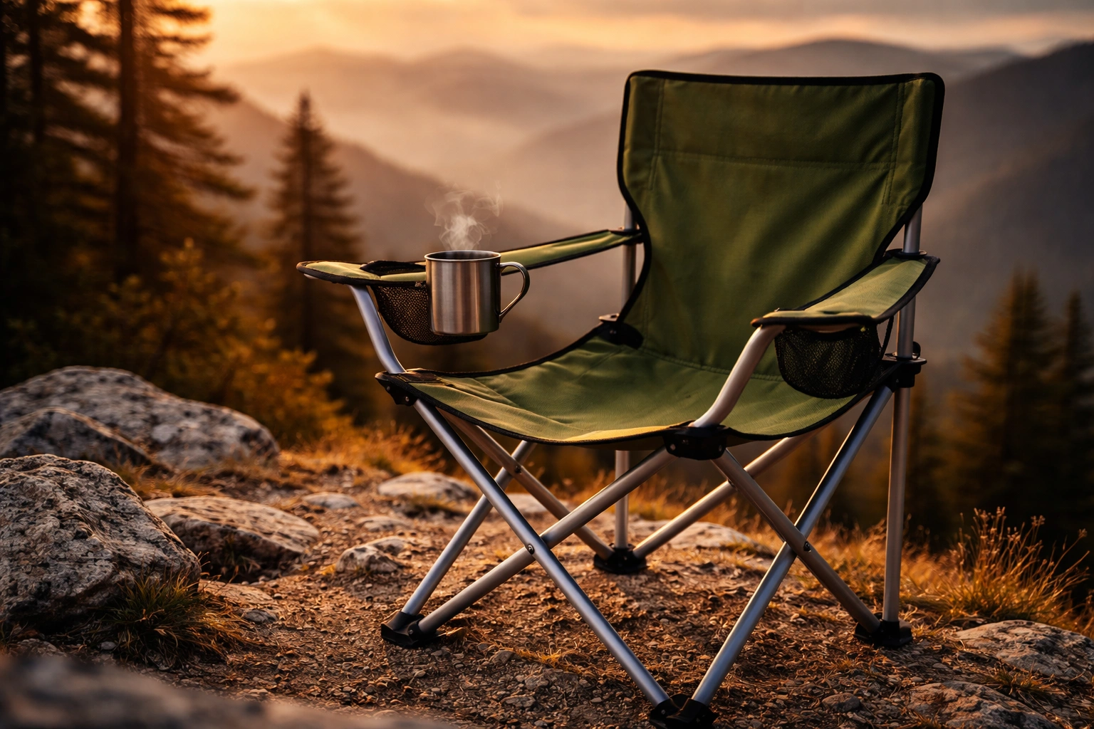 ALPS Mountaineering chair on a rocky mountain overlook with a steaming mug at sunset