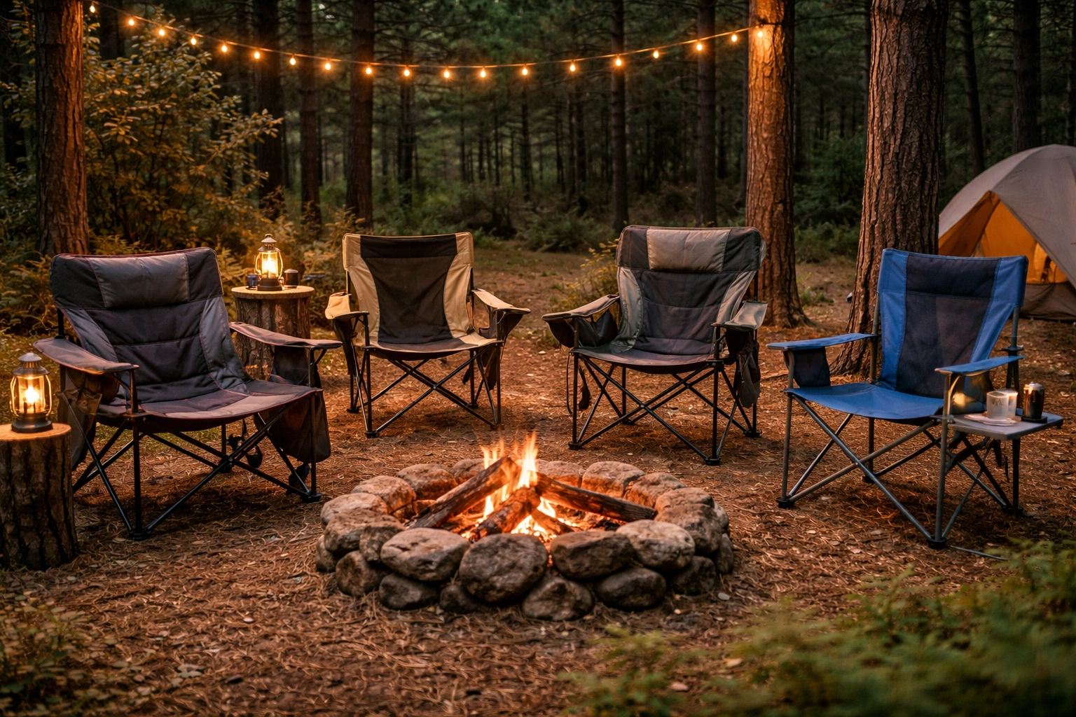 Four different ALPS Mountaineering chair models arranged around a stone fire ring in a pine forest campsite at dusk with warm fire glow
