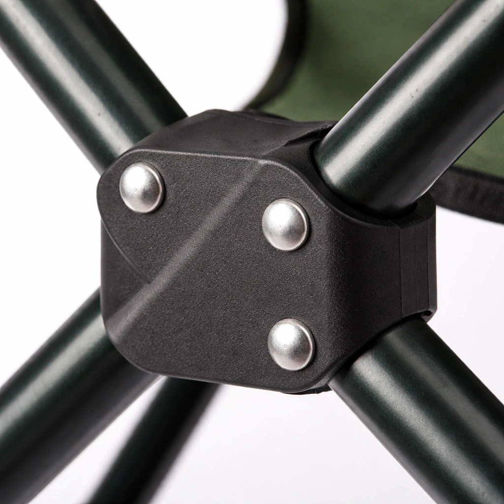 Close-up detail of ALPS chair aluminum frame joint with reinforced connector and rivets