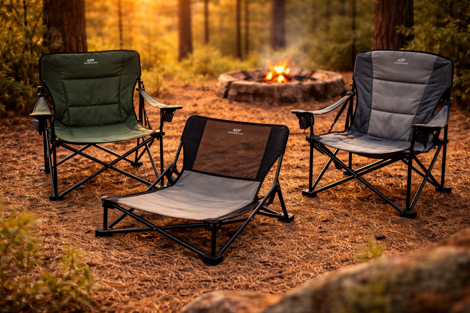 ALPS Mountaineering camping chairs arranged in a scenic forest campsite at golden hour