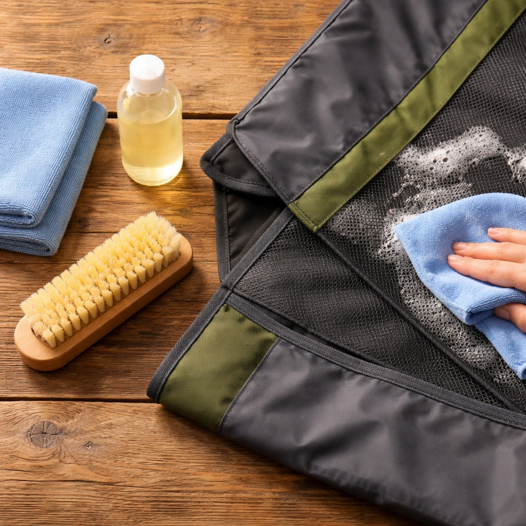 Flat lay of camping chair maintenance supplies including microfiber cloth, mild soap, and soft brush on wooden table