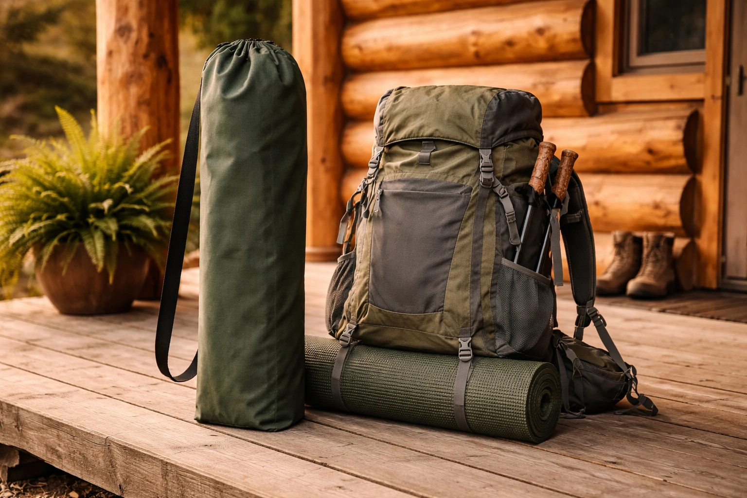 Collapsed ALPS camping chair in carry bag standing next to hiking backpack on cabin porch