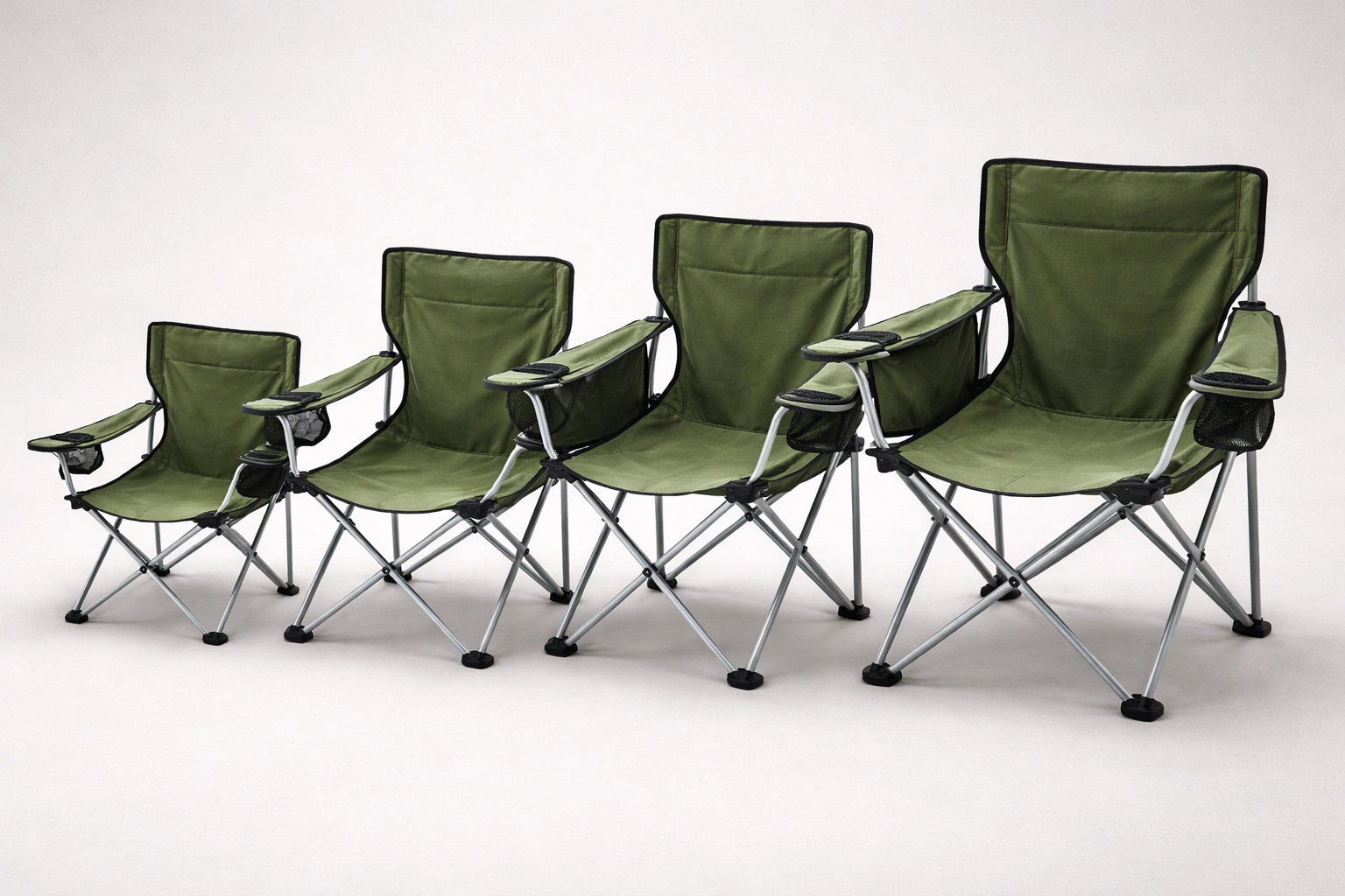 Elegant lineup of four ALPS Mountaineering chairs from smallest to largest on clean studio backdrop