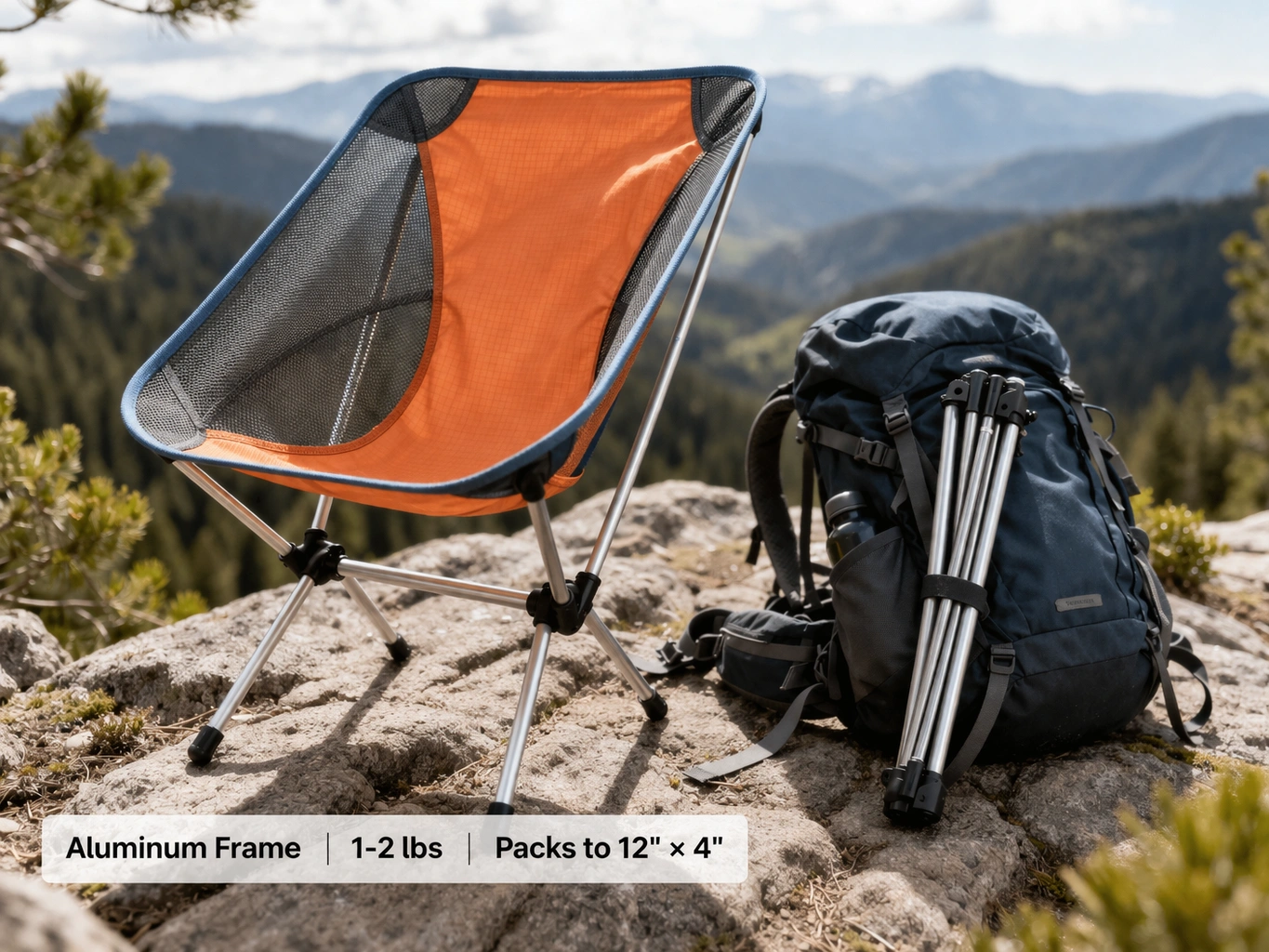 Lightweight aluminum camping chair with compact folded size showing portability