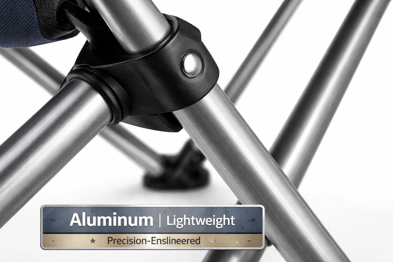 Close-up of aluminum camping chair frame showing lightweight tubing and folding mechanism