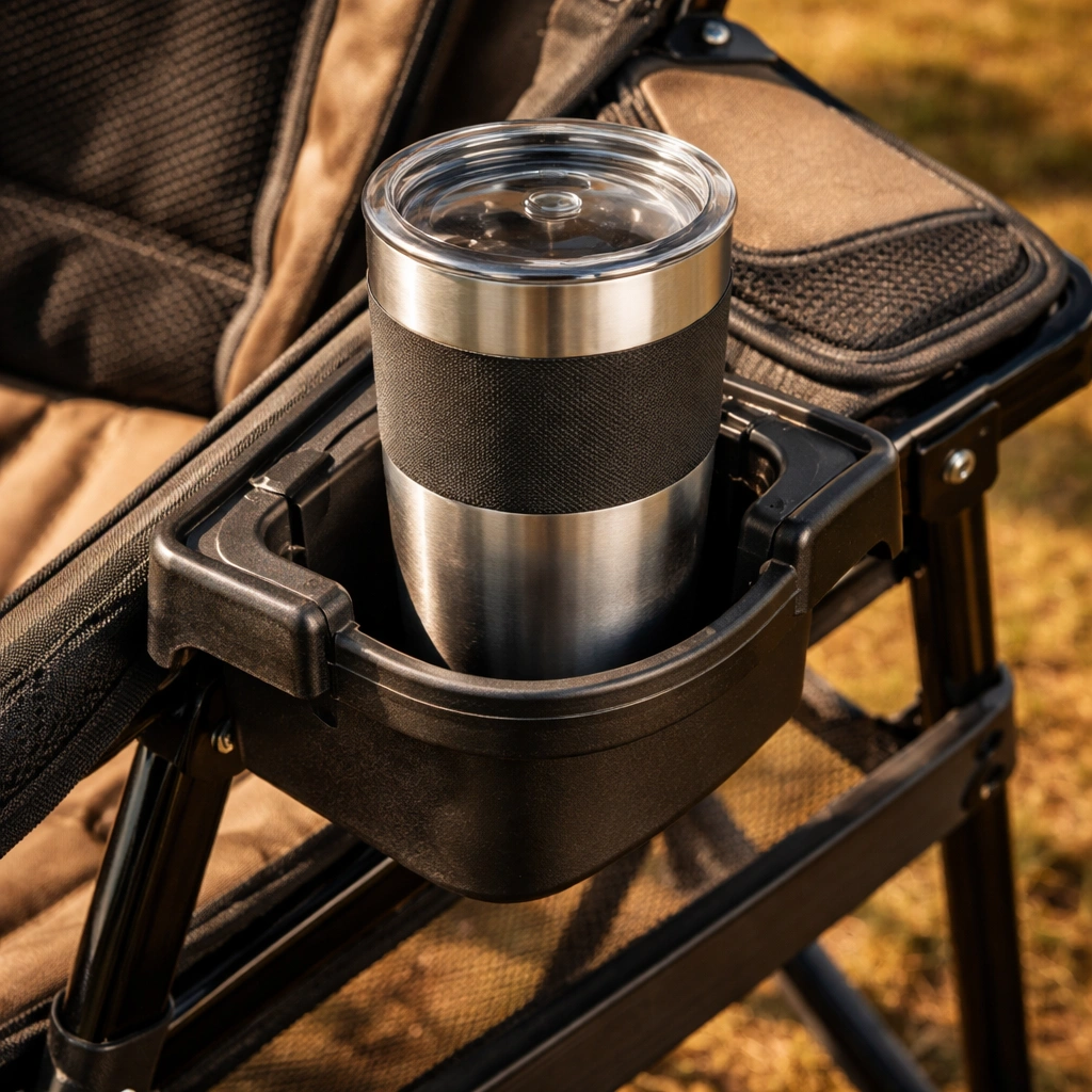 Attachable clip-on cup holder for camping chairs