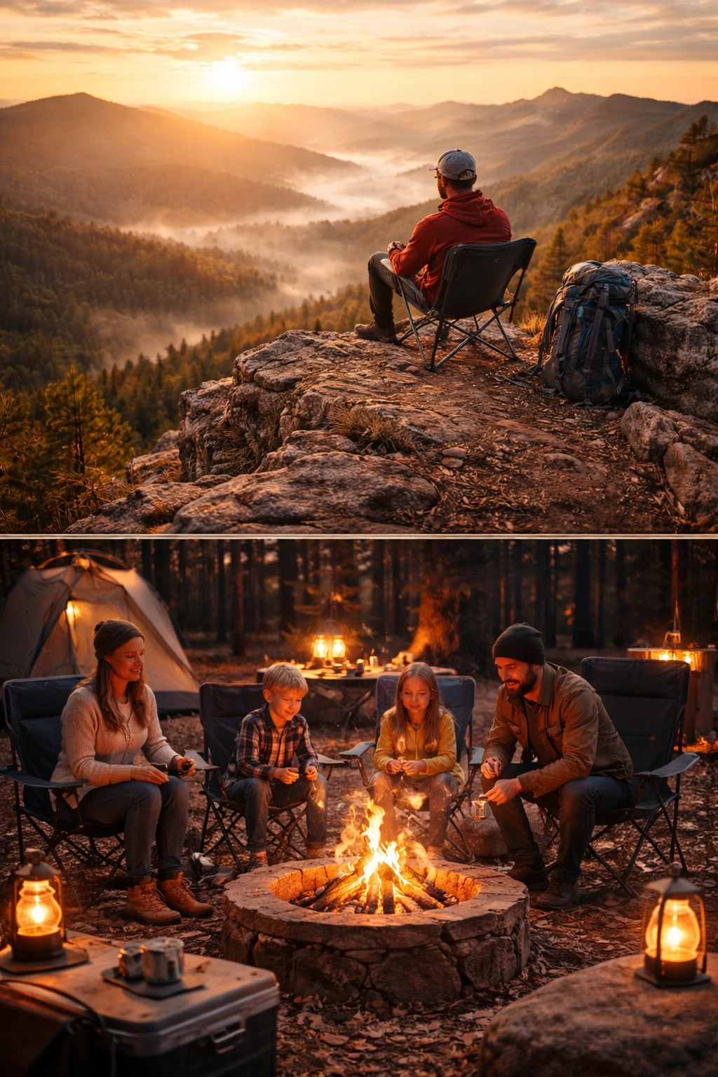 Two-panel comparison showing solo backpacker on ultralight chair at cliff edge sunrise top and family of four on comfort chairs around campfire at dusk bottom