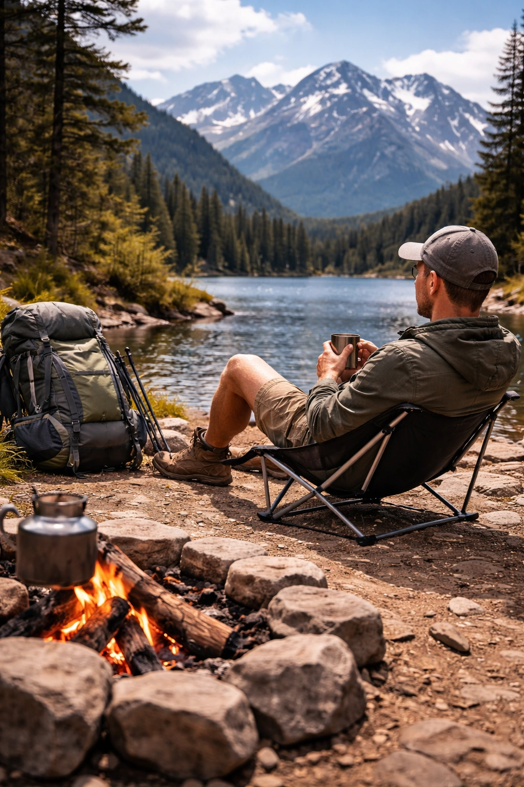 Hiker sitting in compact low-back camping chair at mountain lake campsite with backpack nearby