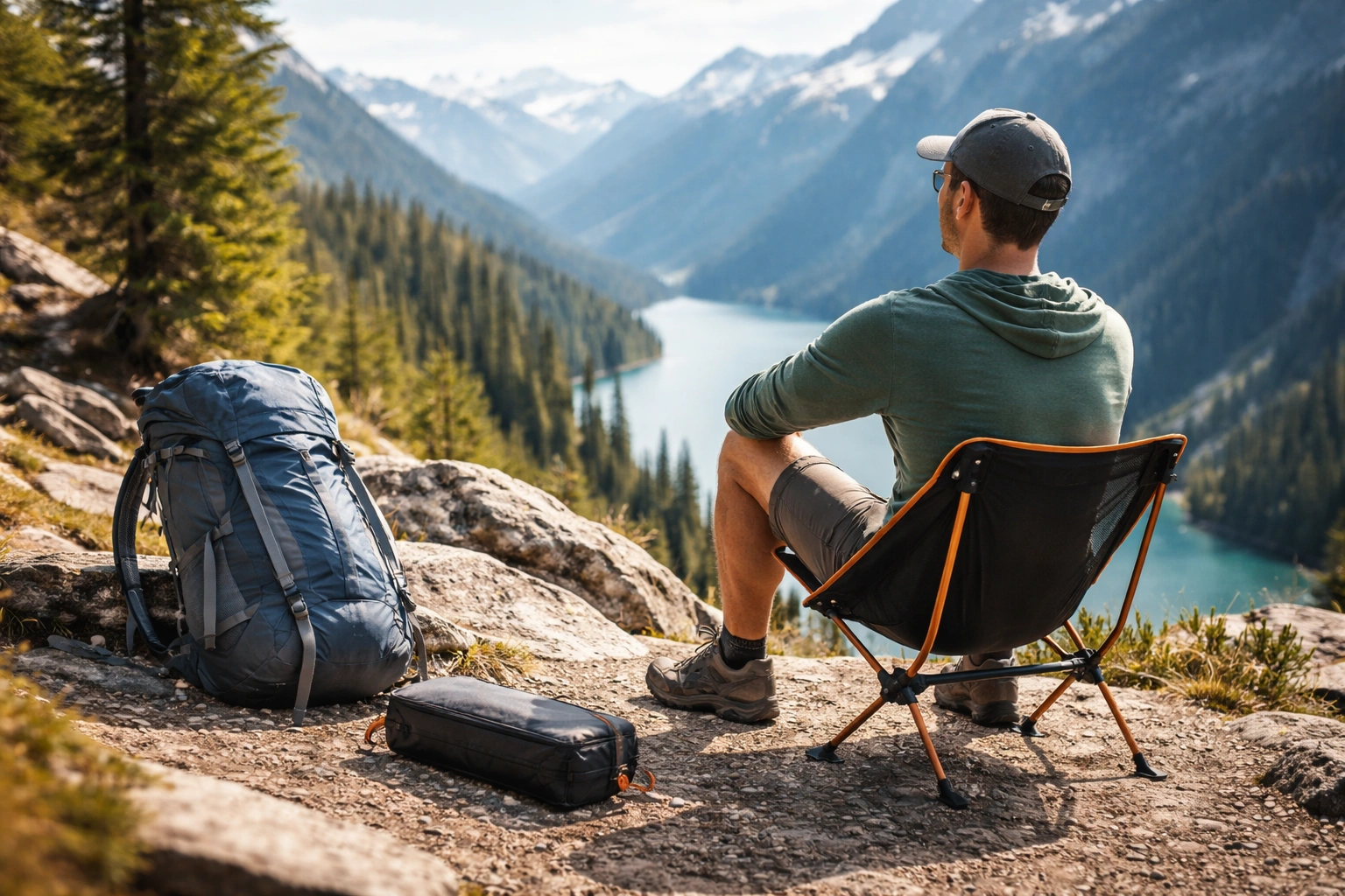 Backpacker with lightweight budget chair