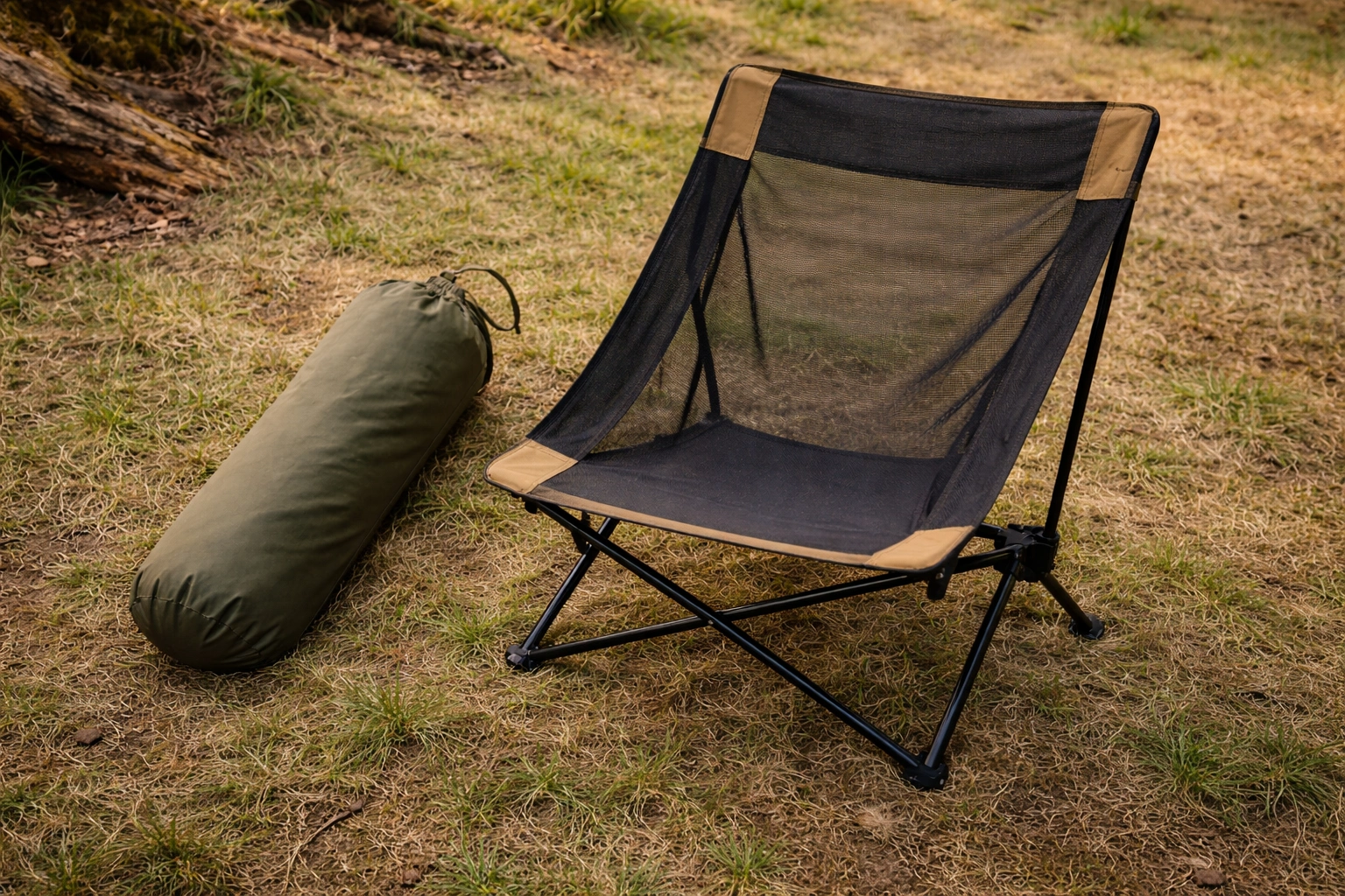 Ultralight backpacking chair shown both assembled and collapsed in stuff sack