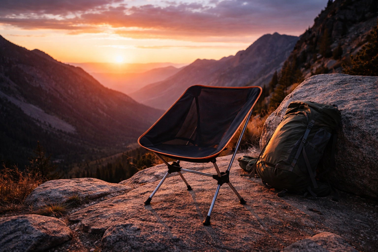 Compact ultralight camping chair with aluminum poles and nylon seat on a rocky mountain ledge at sunset