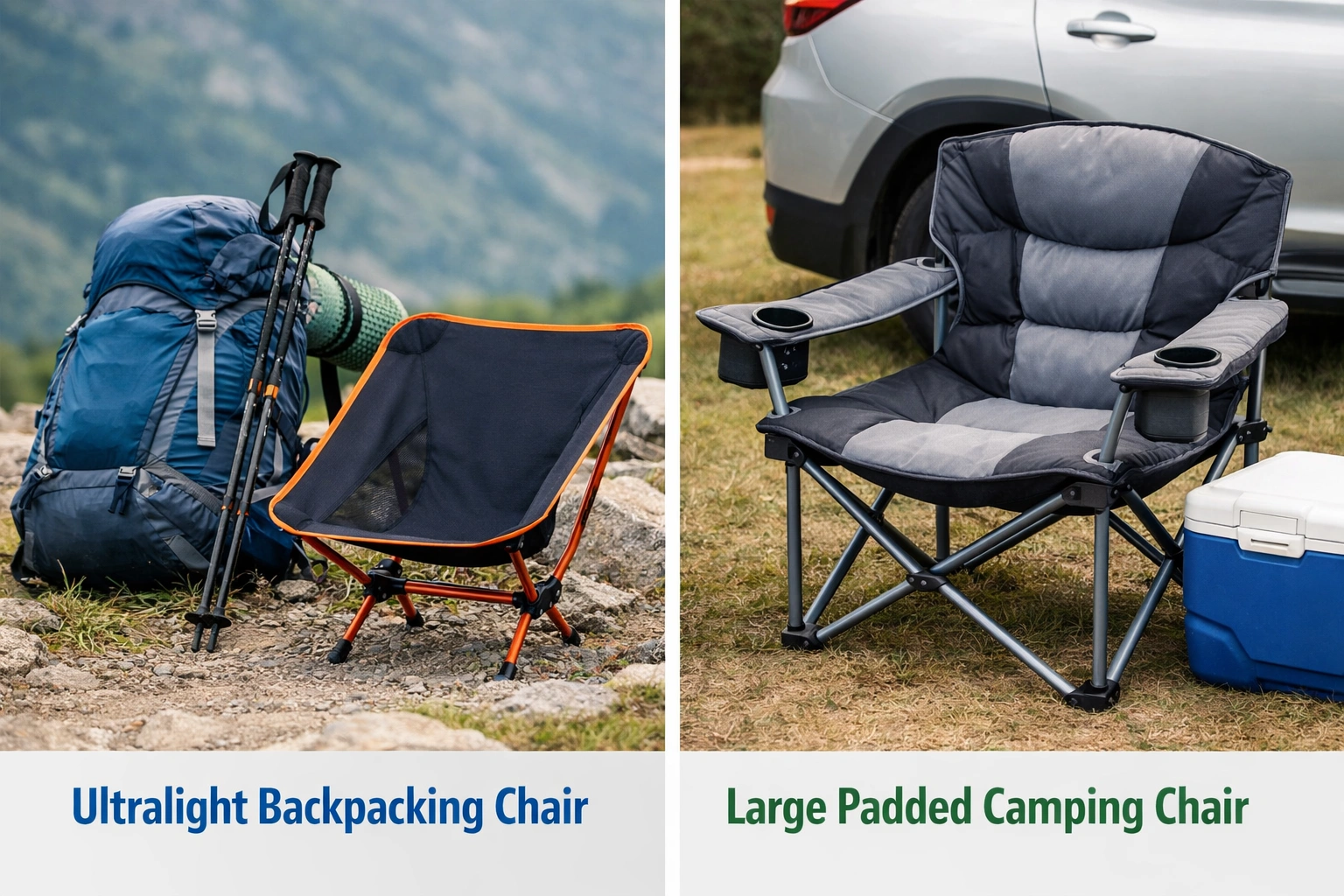 Comparison between ultralight backpacking chair and larger car camping chair