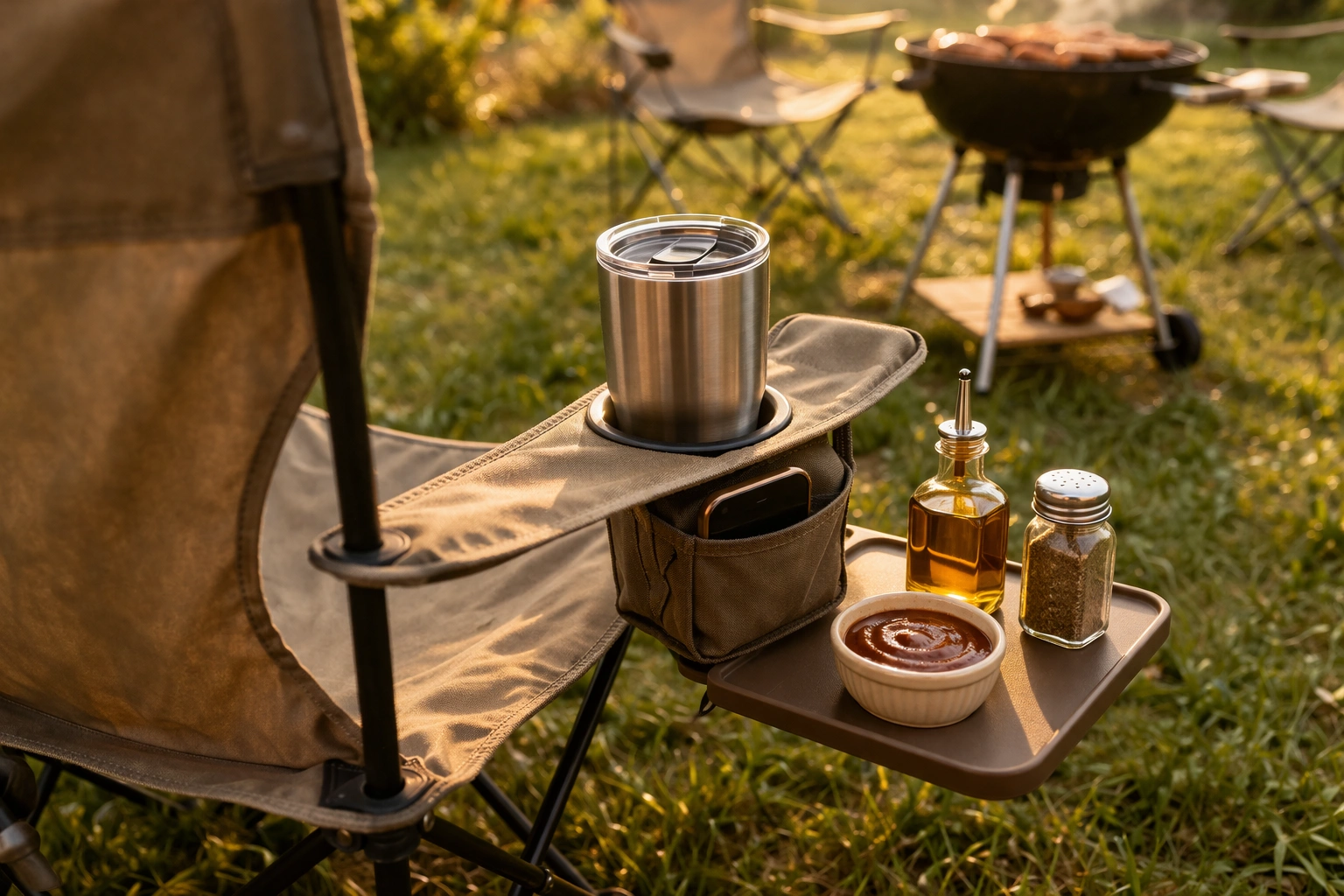 Camping chair armrest detail showing integrated cup holder with tumbler, side pocket, and snap-on tray