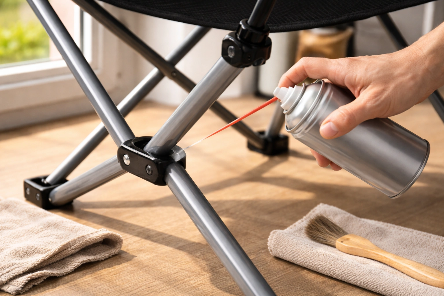 Hands spraying silicone lubricant on folding hinge joint of a camping chair on a workbench