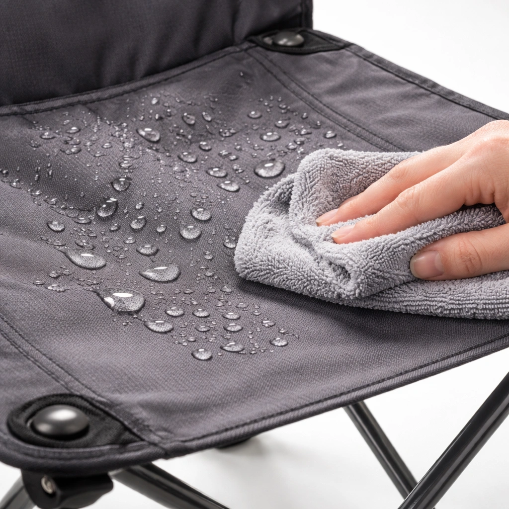 Water droplets on stain-resistant polyester fabric of a camping chair being wiped clean