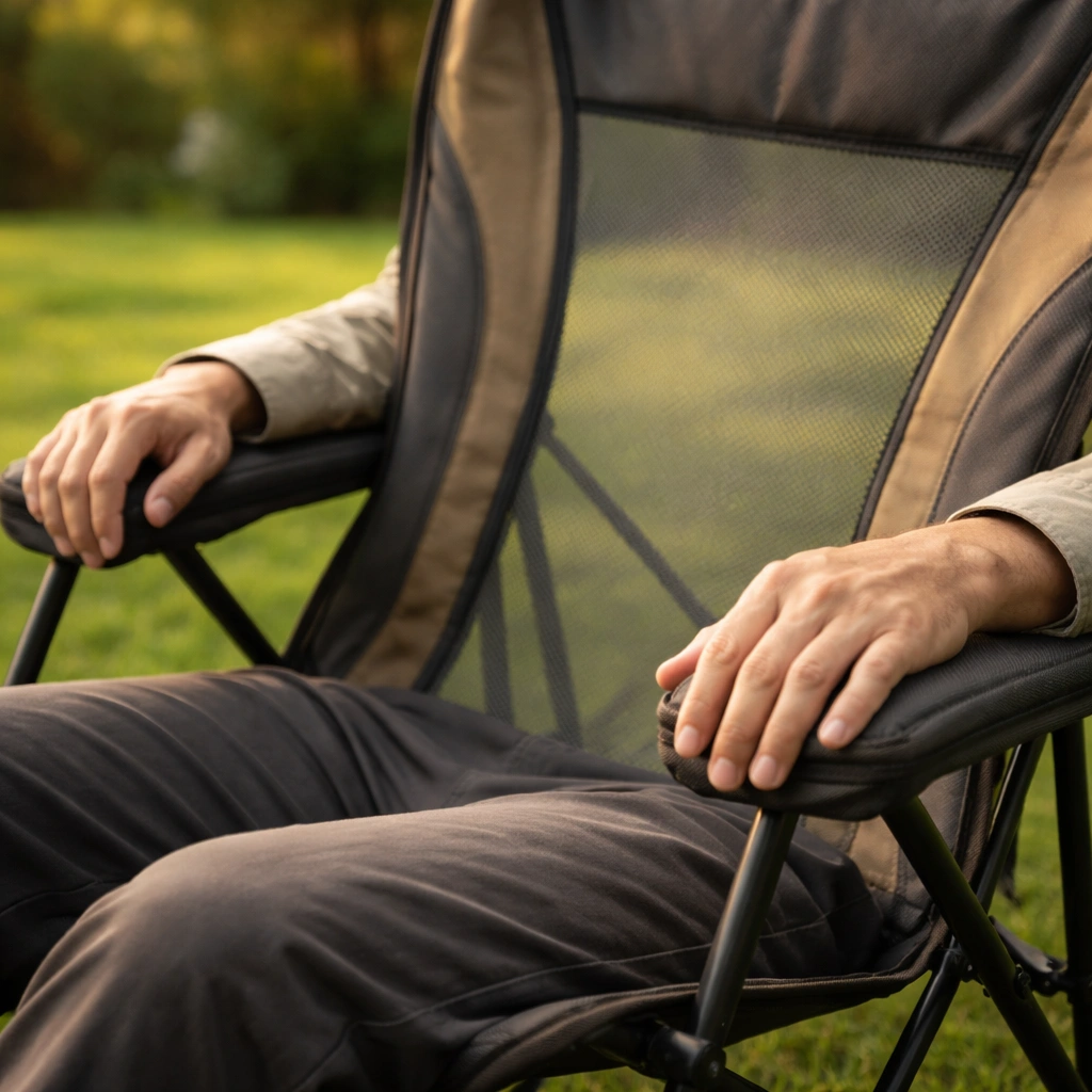 Padded armrests and breathable mesh on a high-back camping chair for all-day comfort