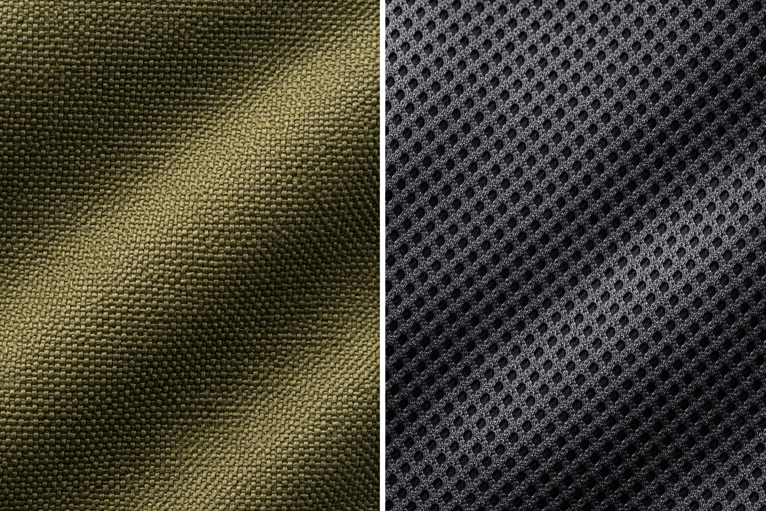 Macro close-up of olive green canvas and dark gray mesh polyester fabric textures side by side