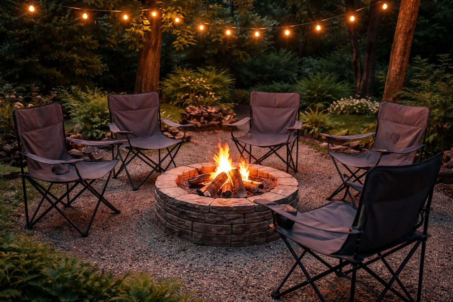 Empty camping chairs arranged in a semicircle around a stone fire pit at dusk with warm firelight and string lights