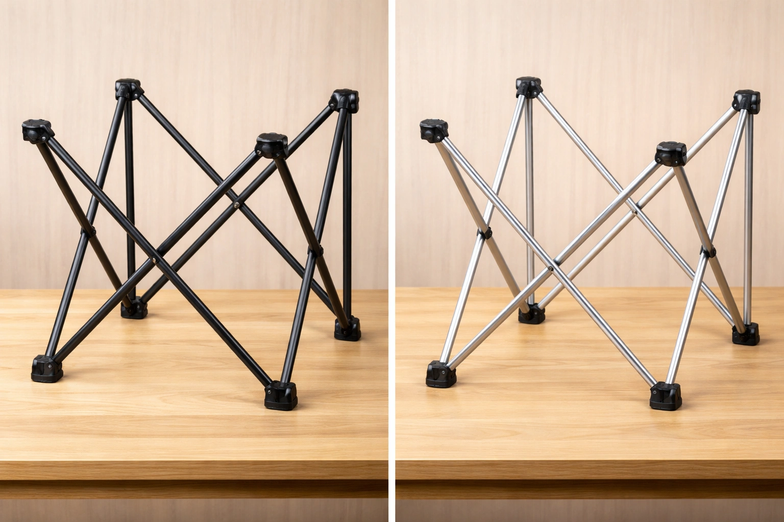 Side-by-side comparison of black steel and silver aluminum camping chair frames on a wooden table