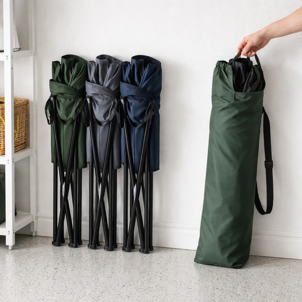 Three folded camping chairs neatly stacked and stored with a carry bag in a garage
