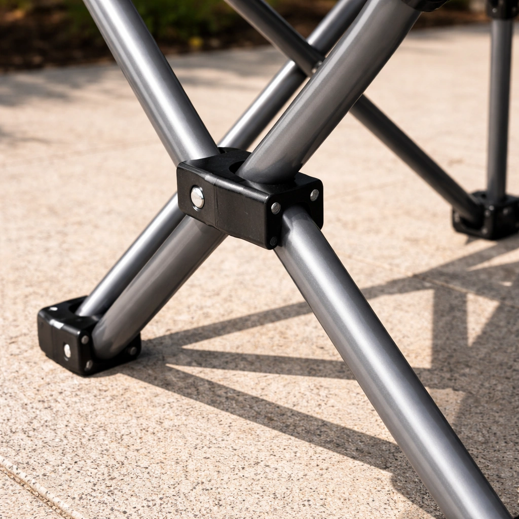 Thick tubular steel frame with reinforced joints on a folding camping chair