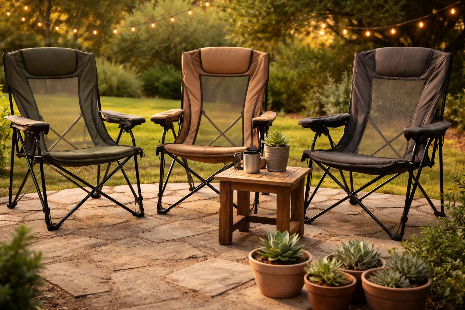 Three modern camping chairs in olive green tan and charcoal gray arranged on a stone patio with potted plants