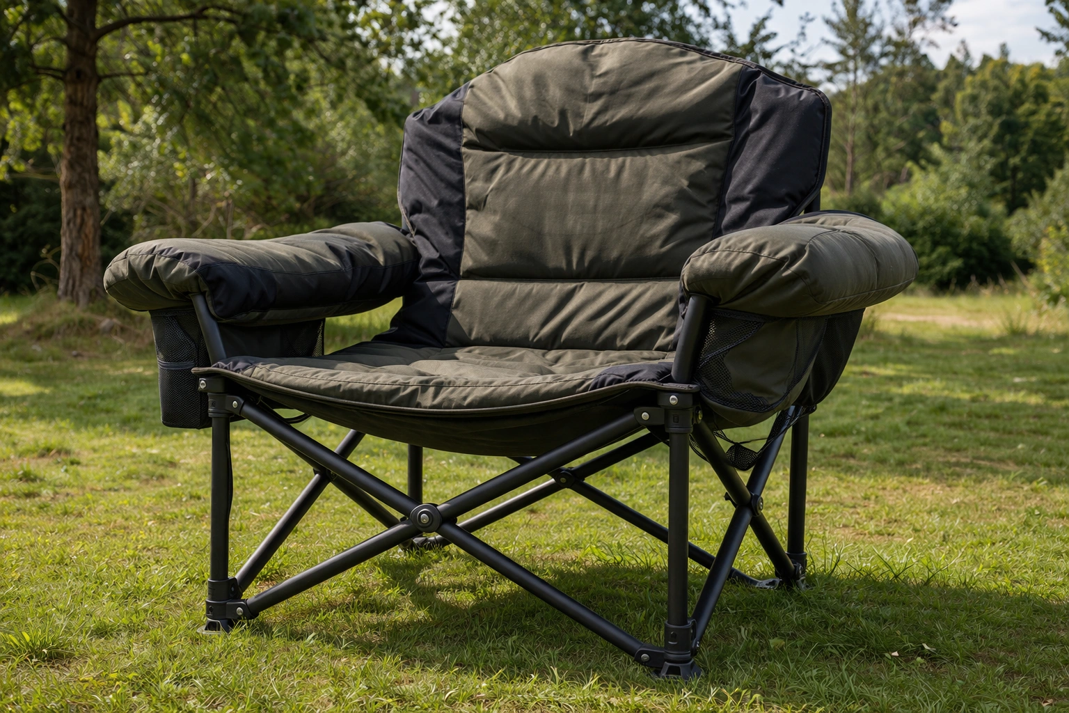 Wide oversized XXL camping chair with reinforced frame and thick armrests on green grass