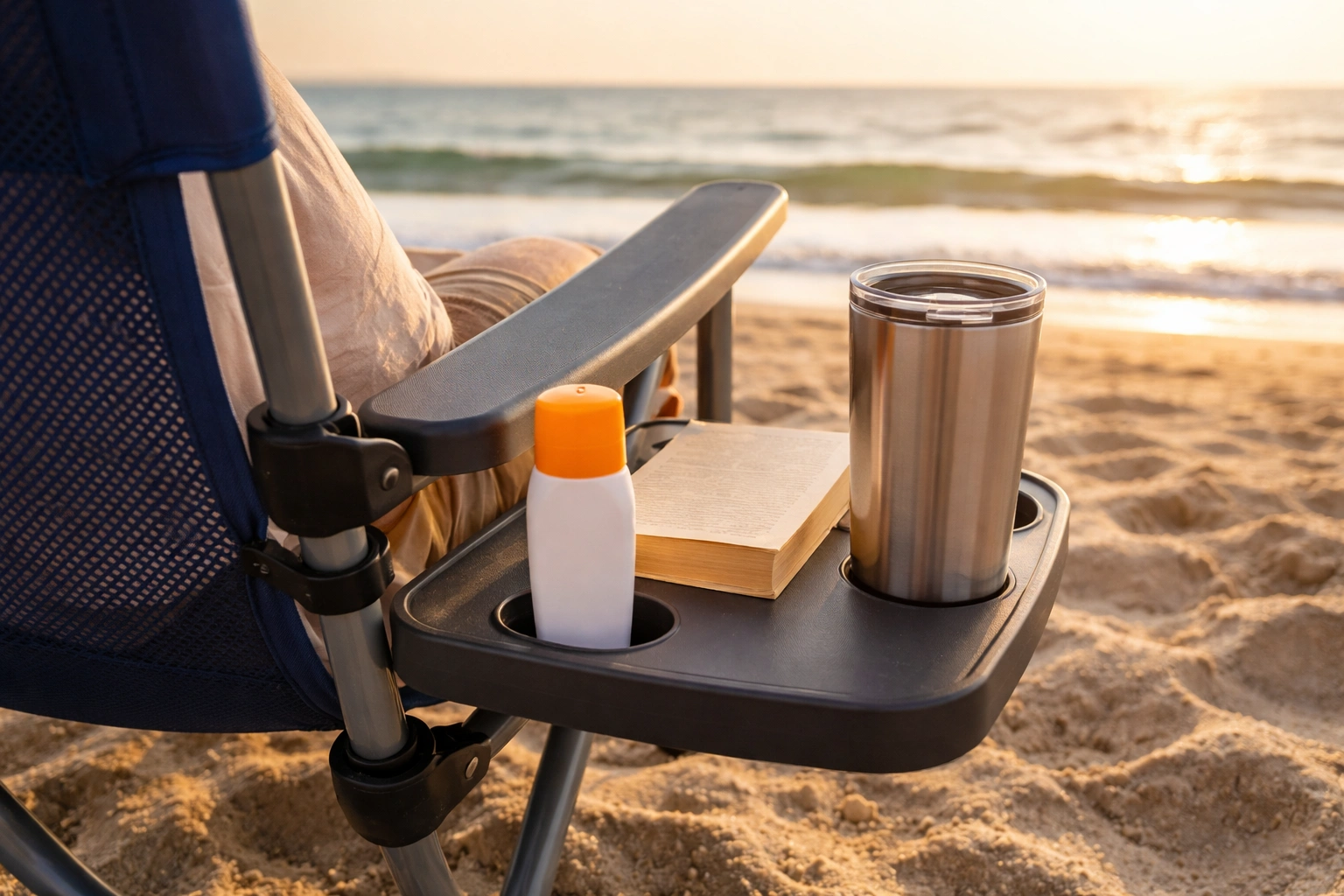Over-the-shoulder view from behind a beach chair showing attached side table with sunscreen book and tumbler with ocean beyond