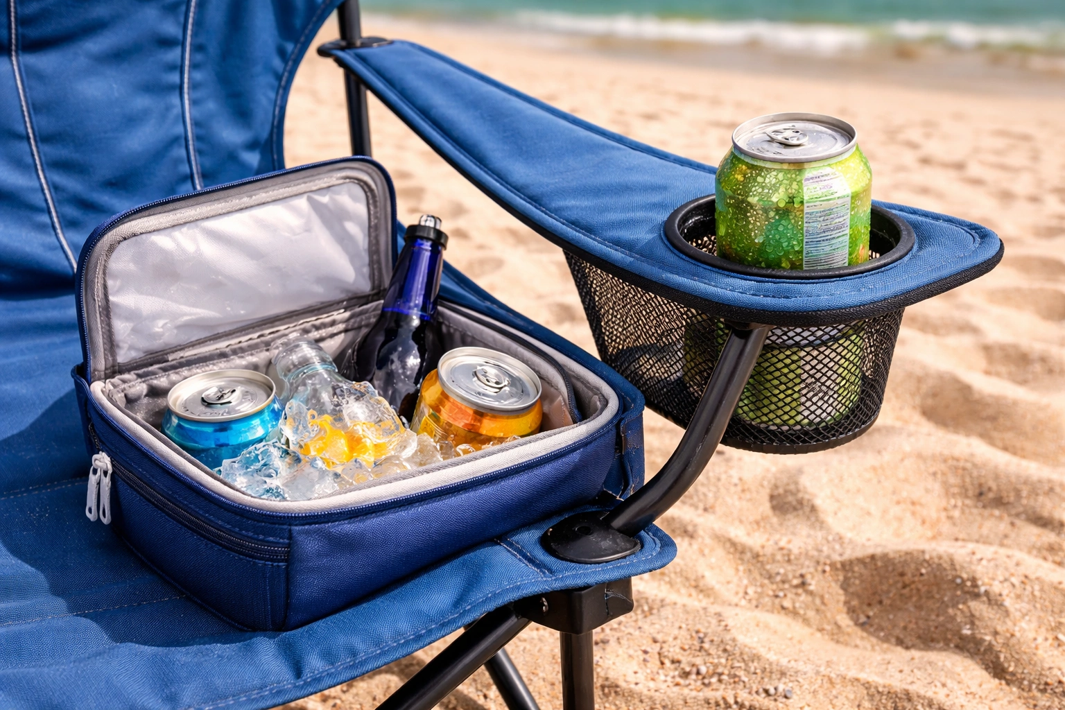 Beach camping chair with built-in cooler pouch and cup holder