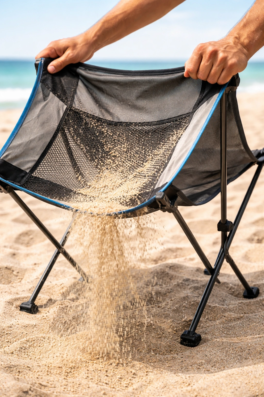 Hands shaking sand off open-frame beach chair mesh fabric with sand particles falling through