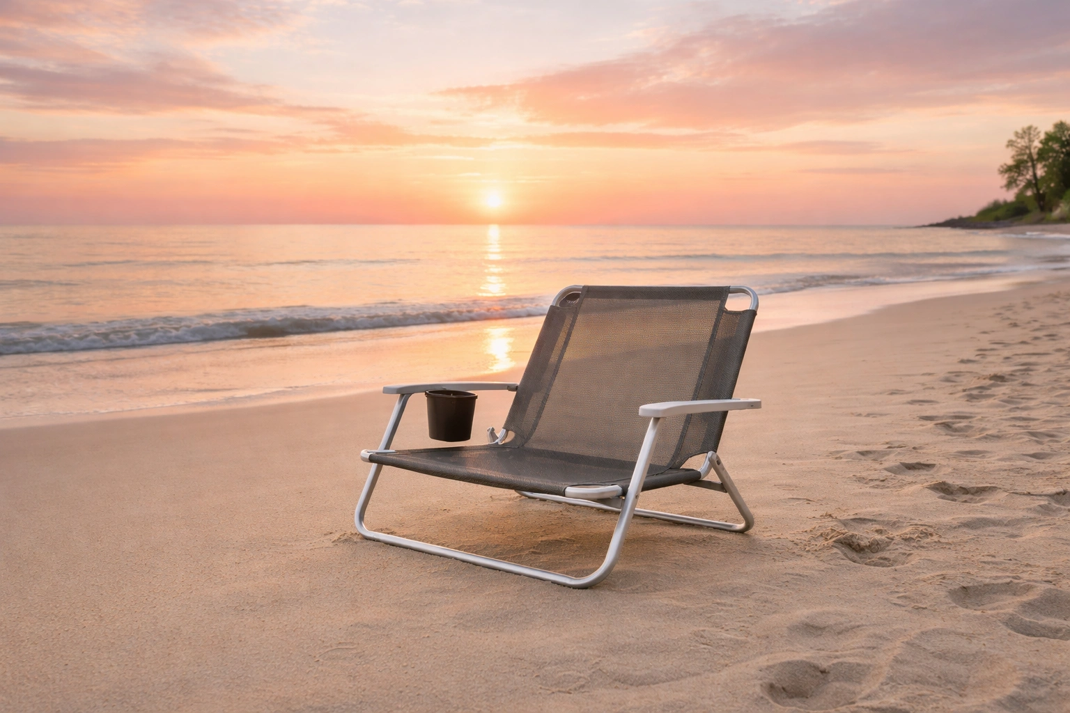 Single low-slung aluminum beach chair with mesh fabric and cup holder alone on pristine beach at sunrise with pink sky