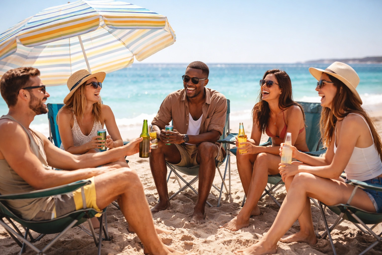 People relaxing on beach camping chairs with ocean view