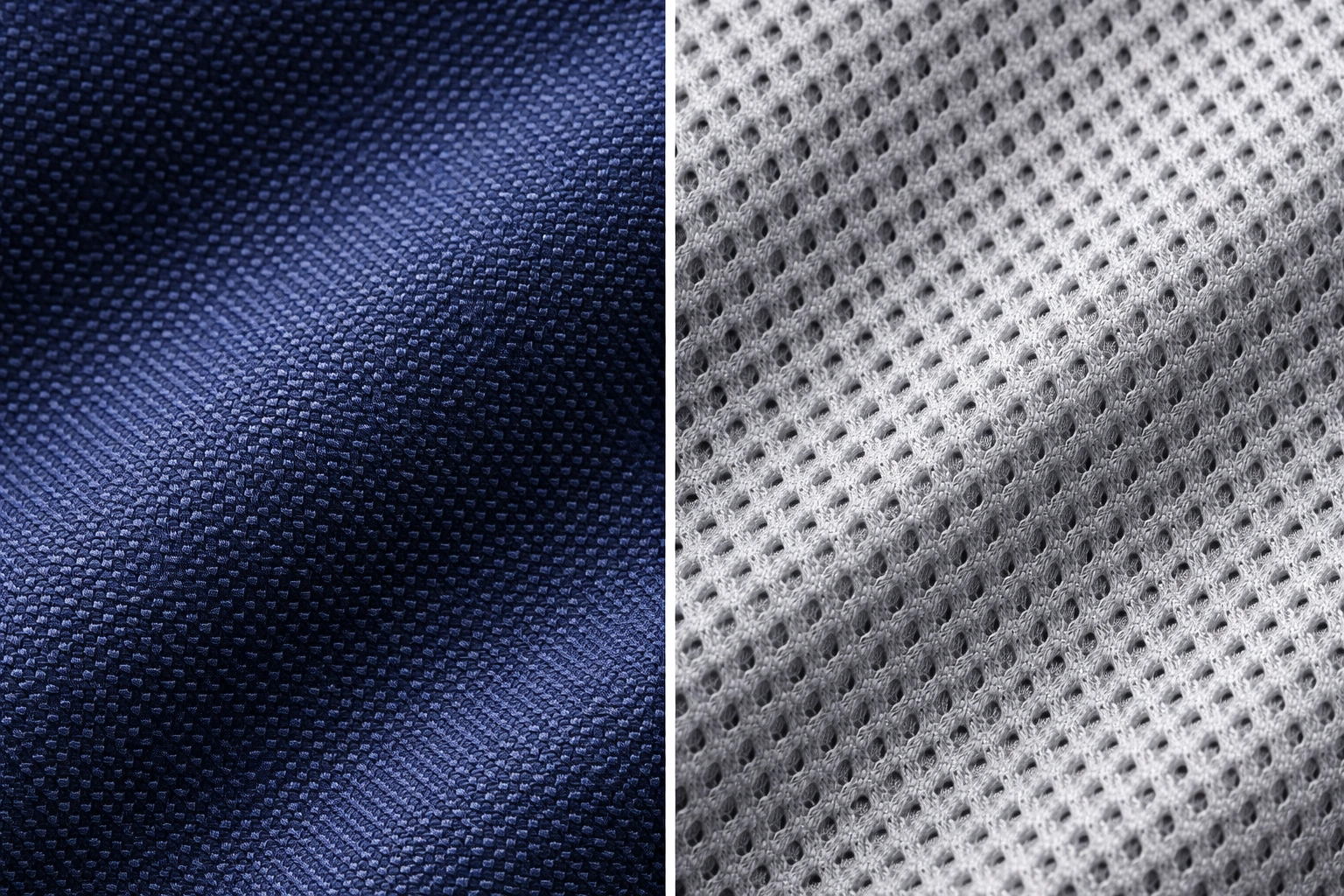 Split macro comparison of tightly woven navy polyester fabric and light gray open mesh fabric textures