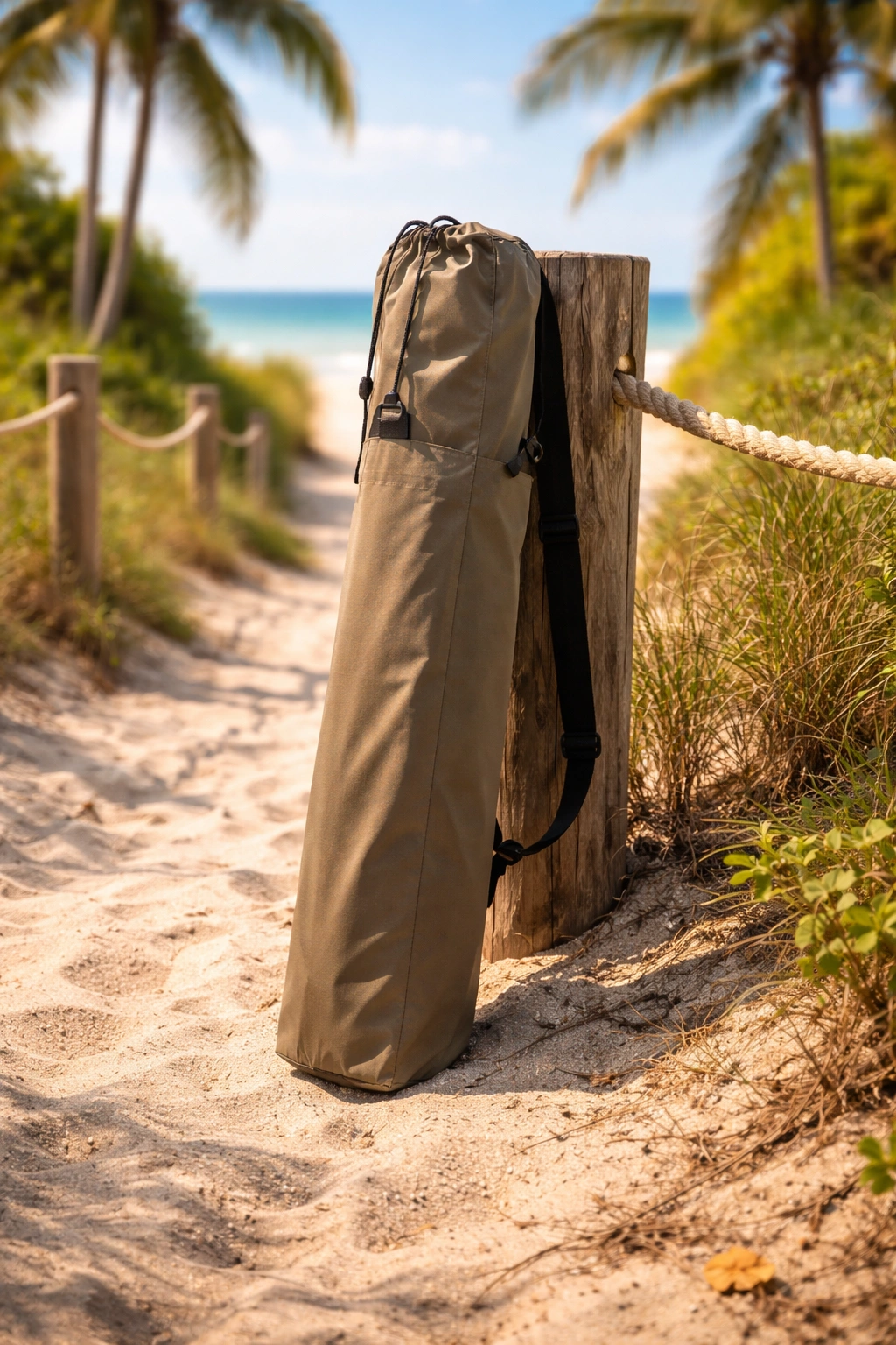 Folded compact beach chair in a storage bag strapped over shoulder standing on sandy path with palm trees