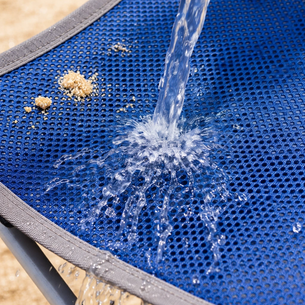 Overhead view of blue mesh fabric with sand draining through the holes and water droplets