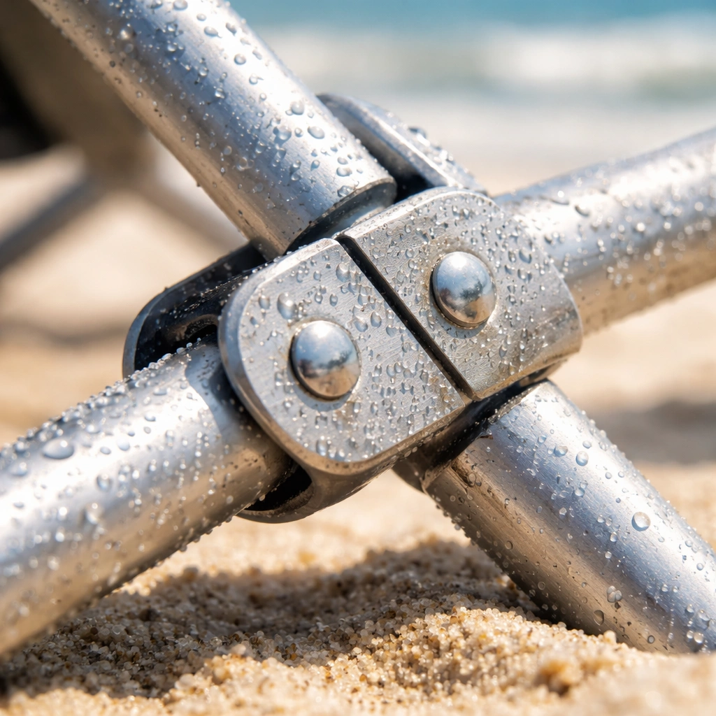 Close-up of brushed aluminum frame joint with sand grains and water droplets showing rust resistance