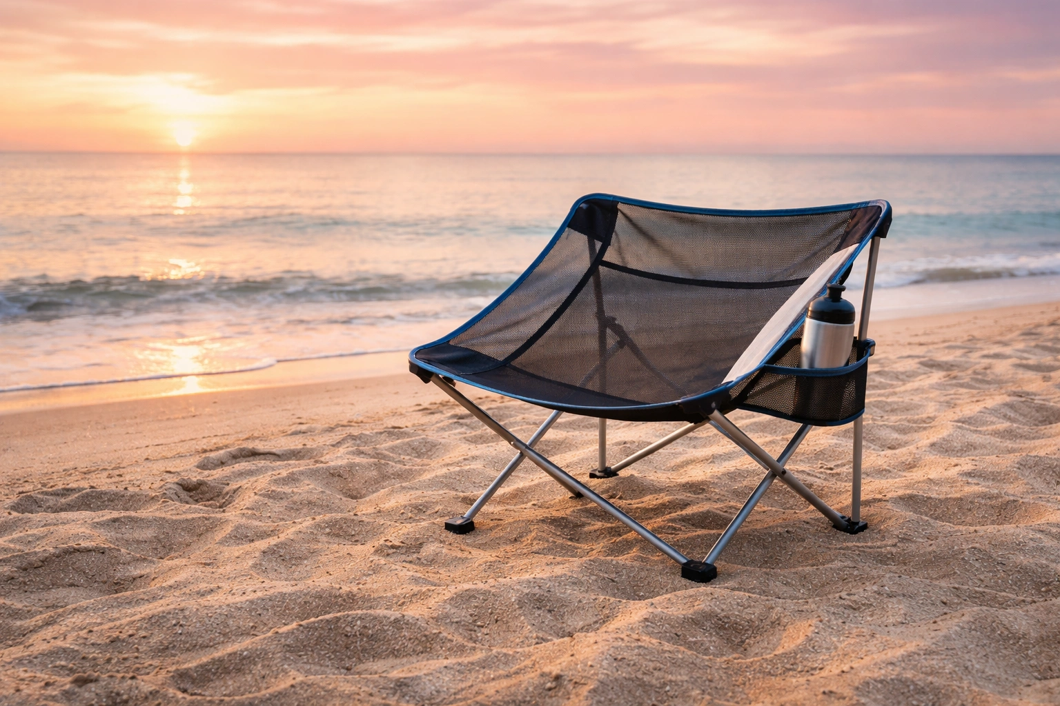 Three empty beach chairs arranged in conversational triangle on dry sand at sunset with orange purple sky and gentle waves