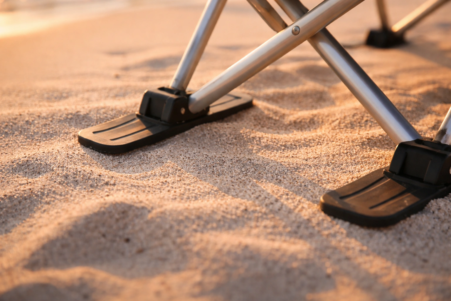 Low-angle close-up of wide flat ski-style feet on aluminum chair frame resting on soft dry sand without sinking
