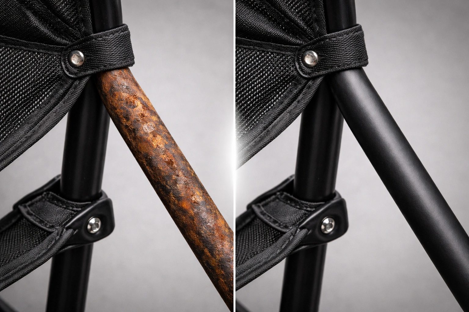 Before and after comparison of rust treatment on metal frame tube