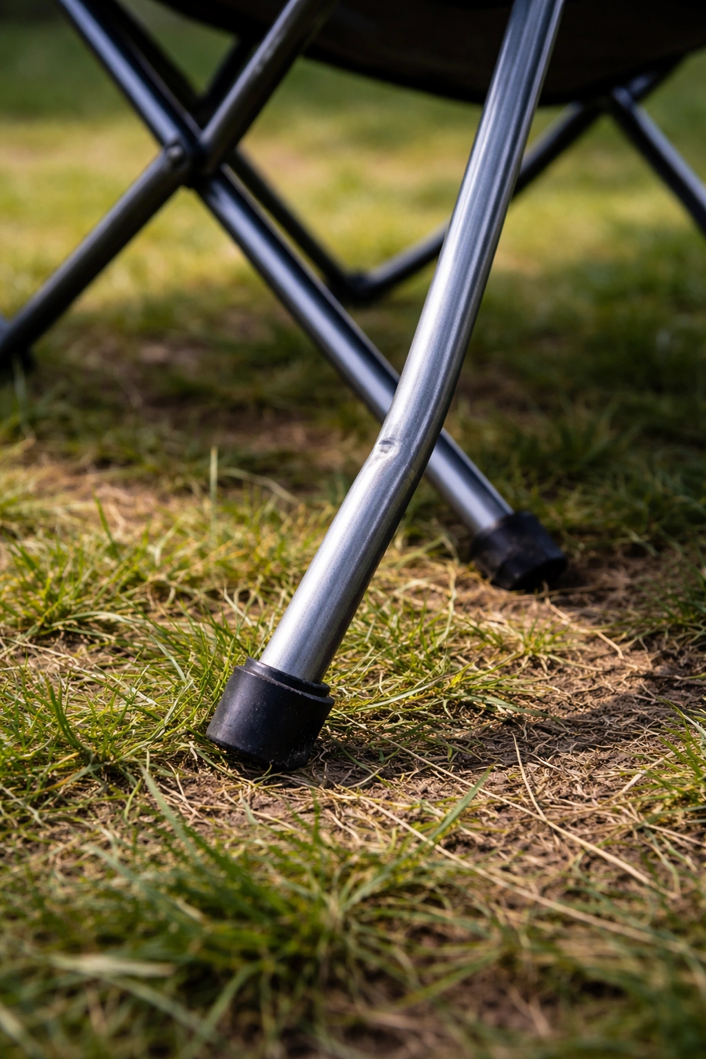 Close-up of a bent metal leg tube on a camping chair showing visible deformation near the foot cap