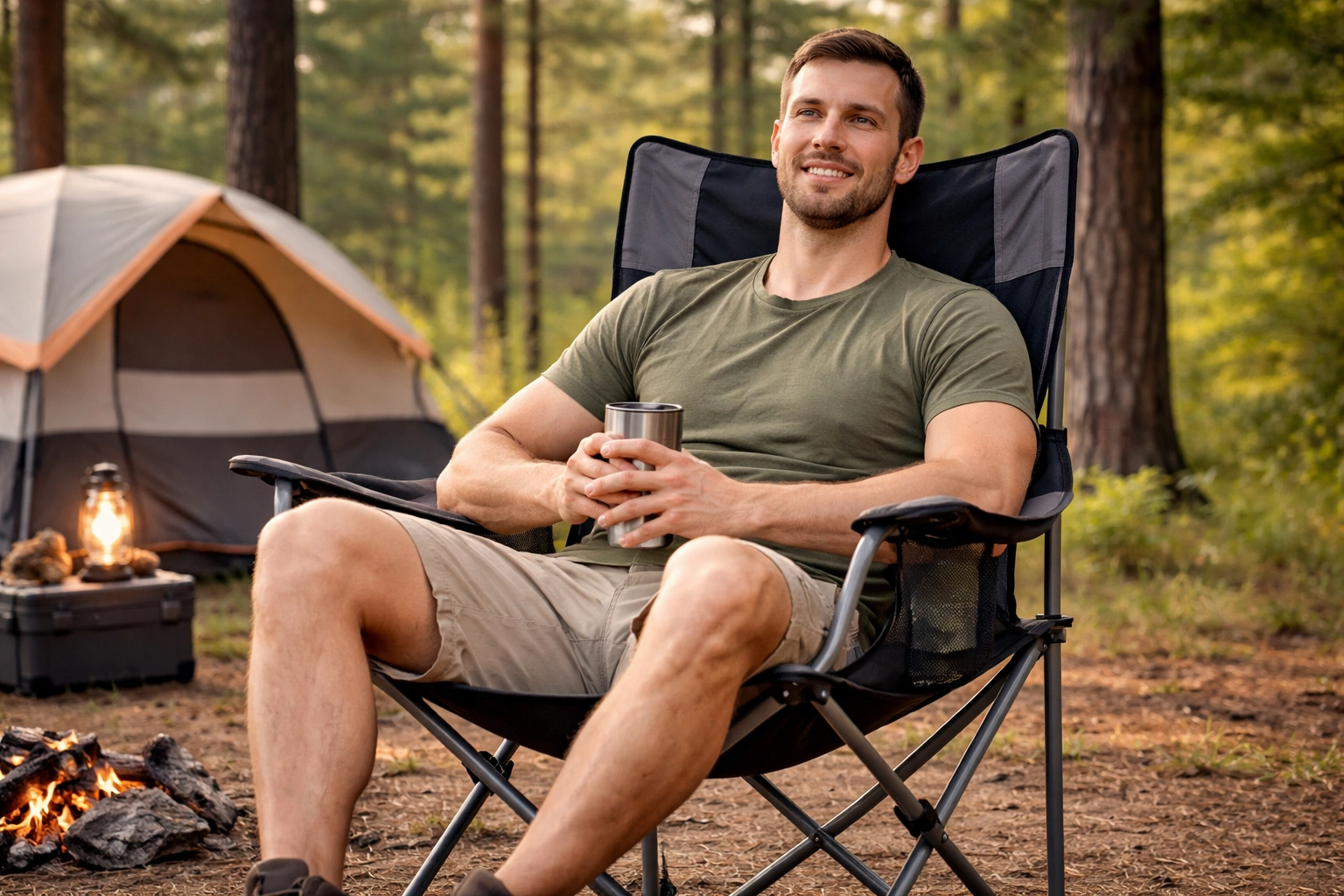 Tall person sitting comfortably in heavy duty camping chair with high back support