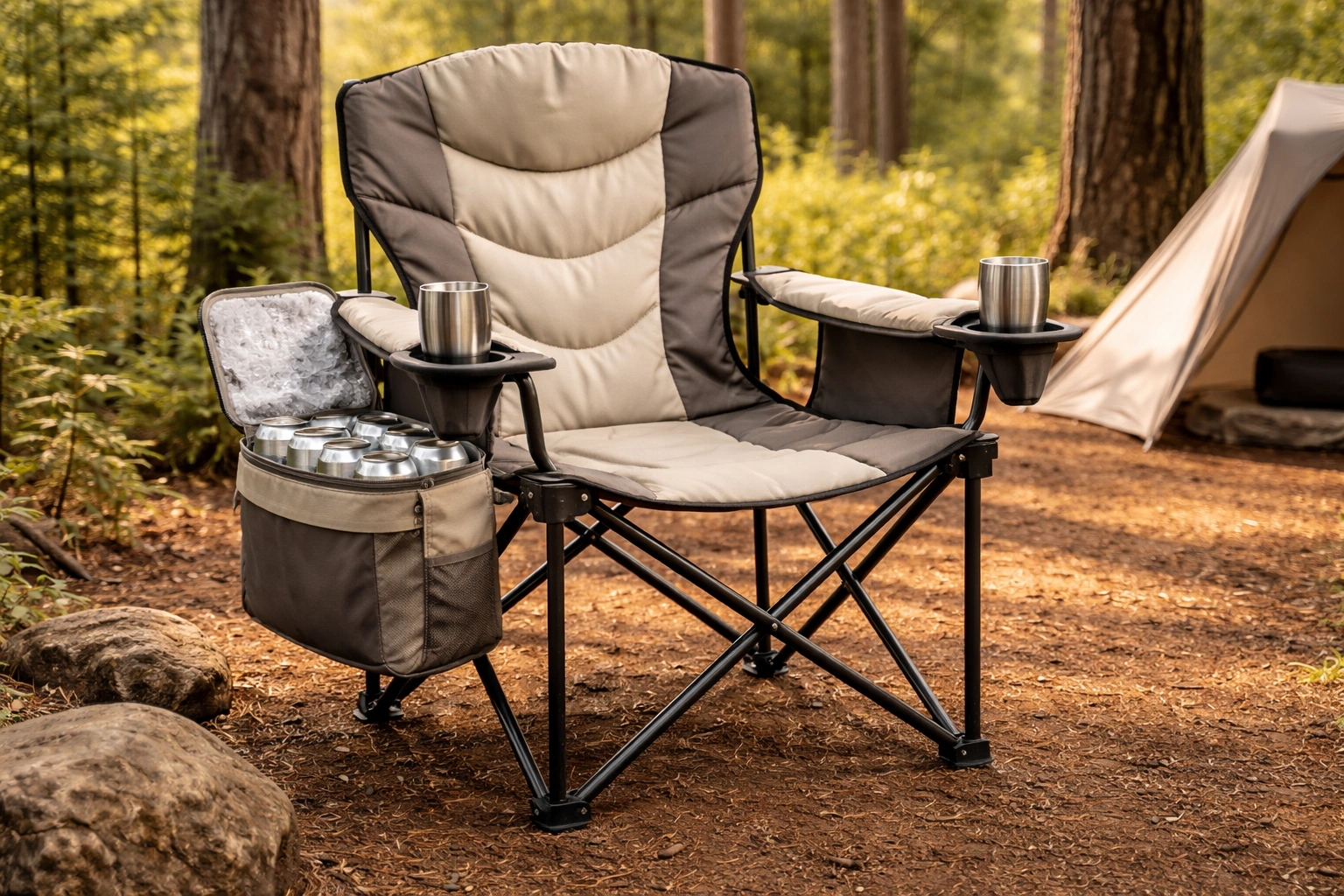 Family camping chair with cooler pouch showing cold drinks