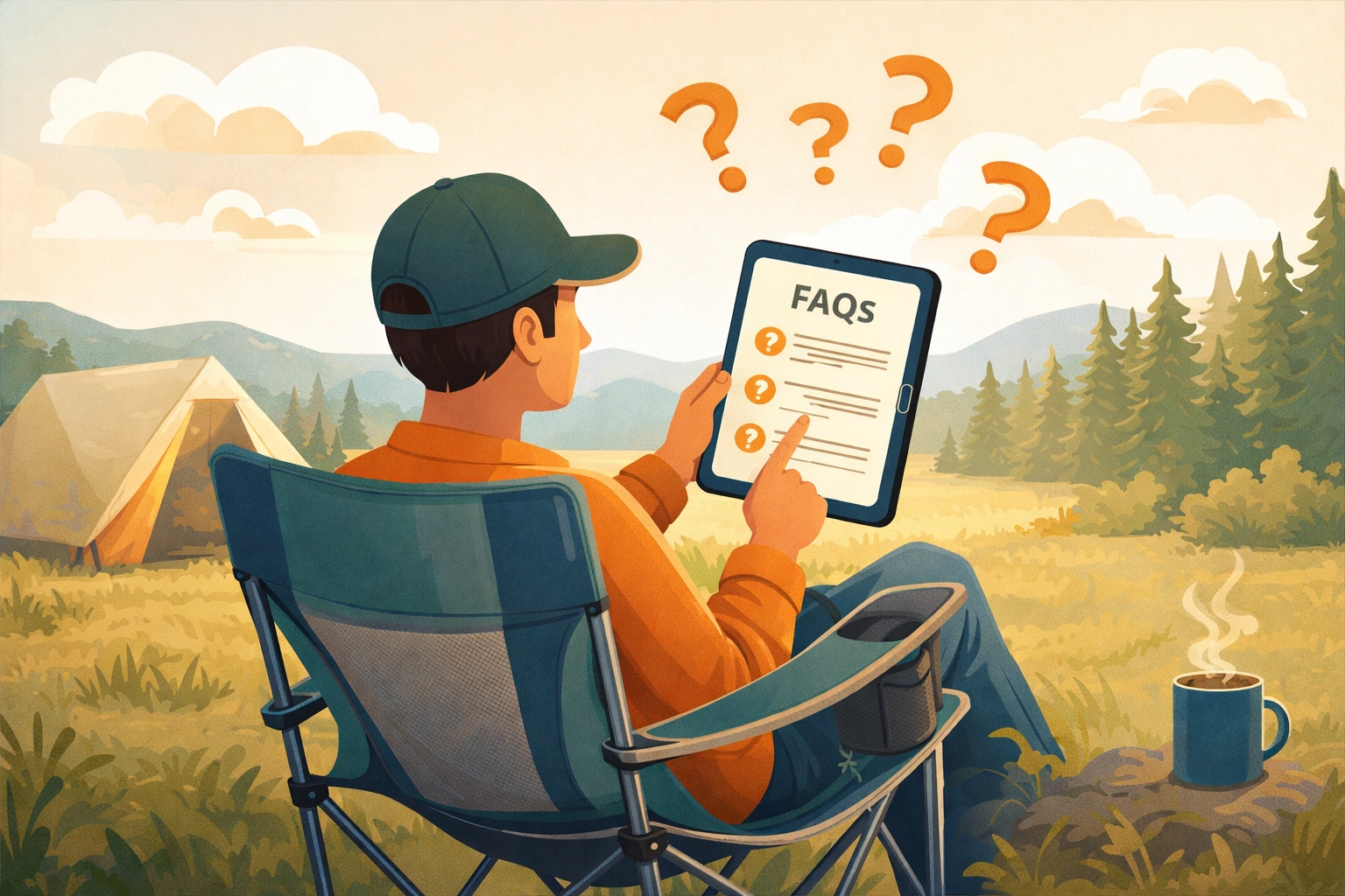 Camping chair FAQ illustration showing person reading guide