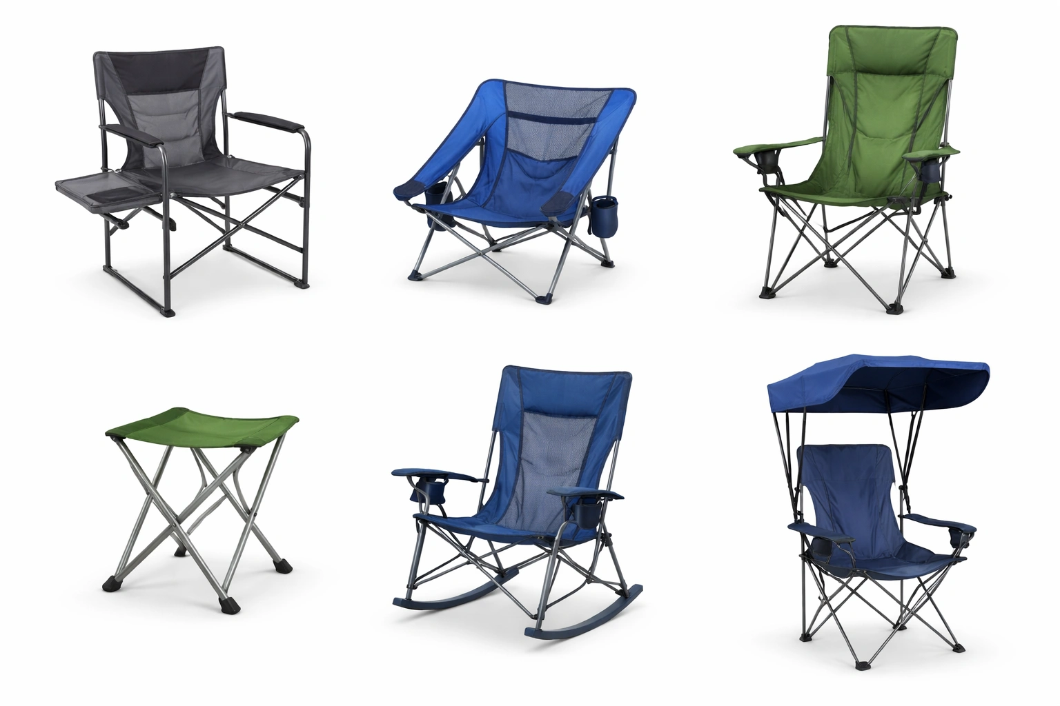 Collection of various camping chair styles including director chair and beach chair
