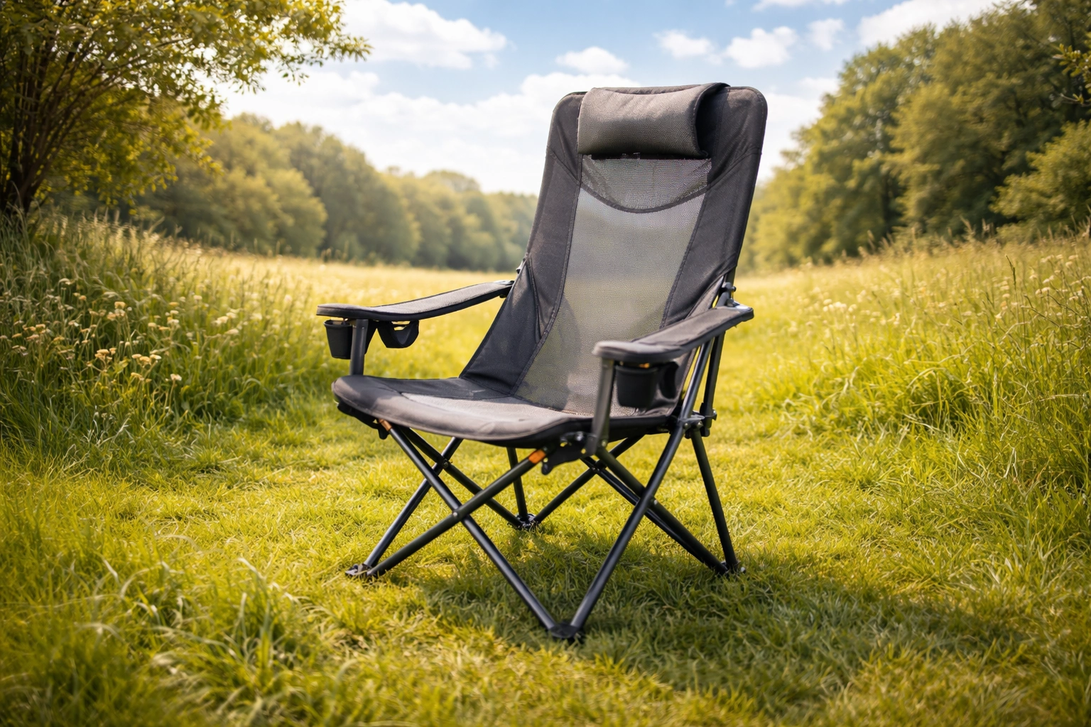 Ergonomic reclining camping chair with mesh back