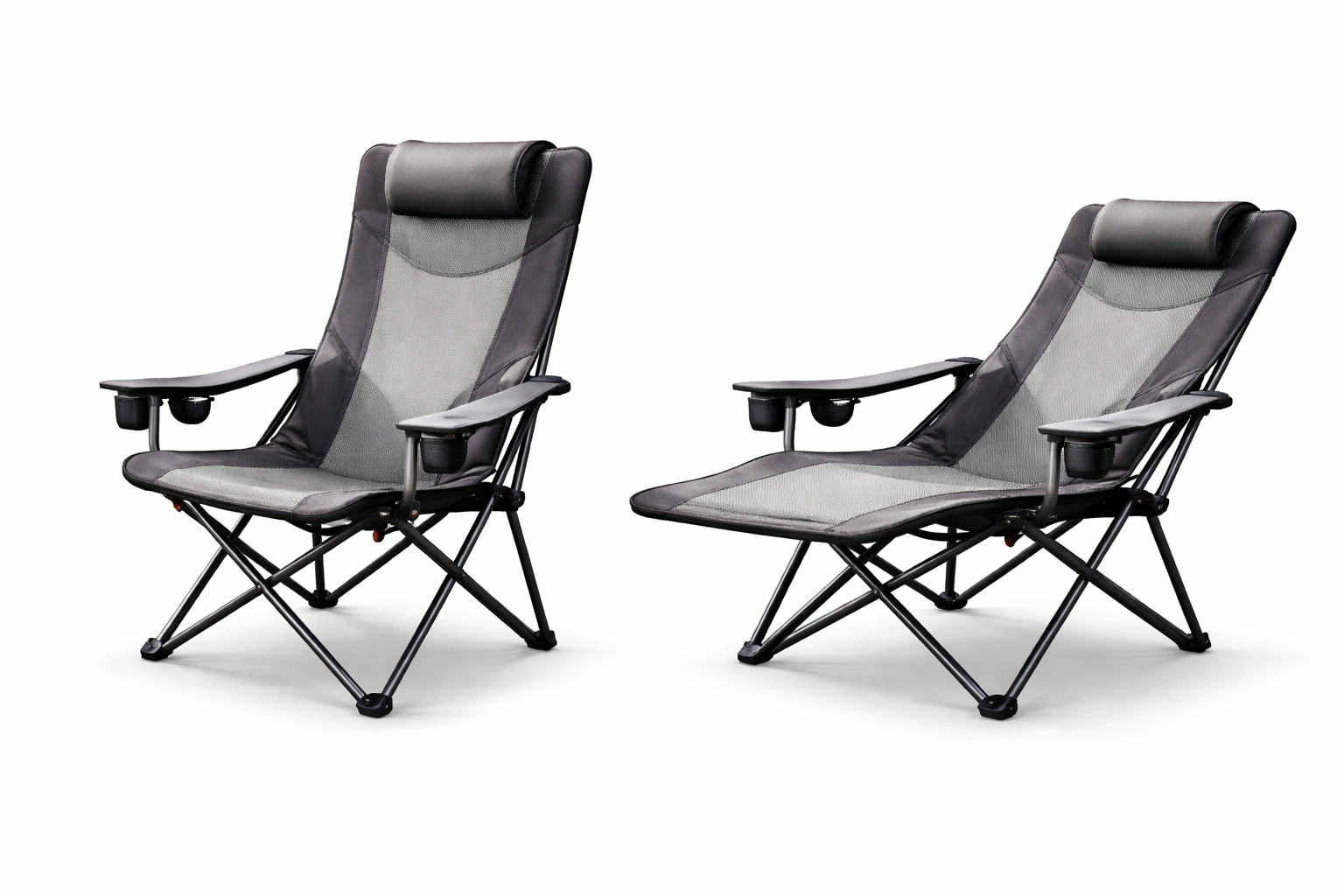 Reclining camping chair showing upright and reclined positions
