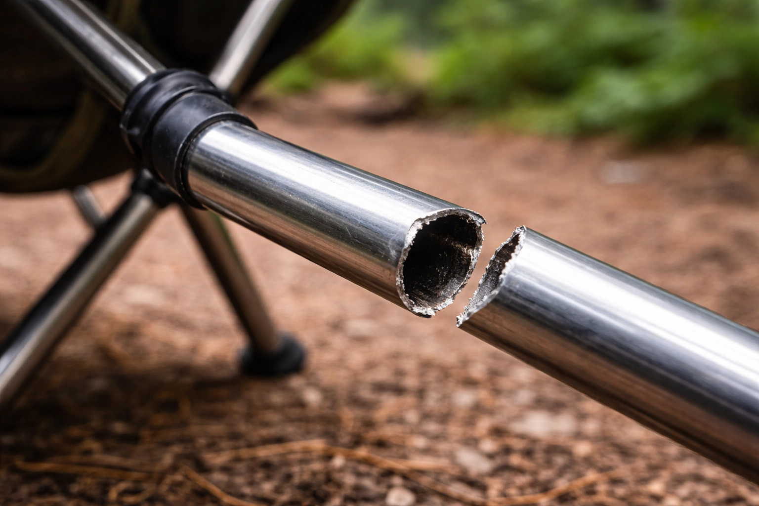 Close-up of a snapped aluminum camping chair leg showing a clean fracture in the hollow metal tubing