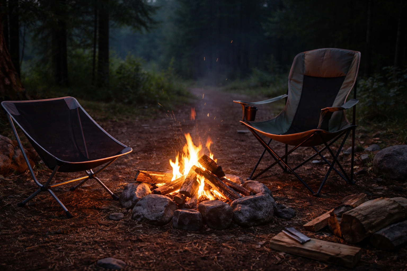 Two different camping chairs arranged around a small campfire in forest clearing at dusk with warm firelight glow